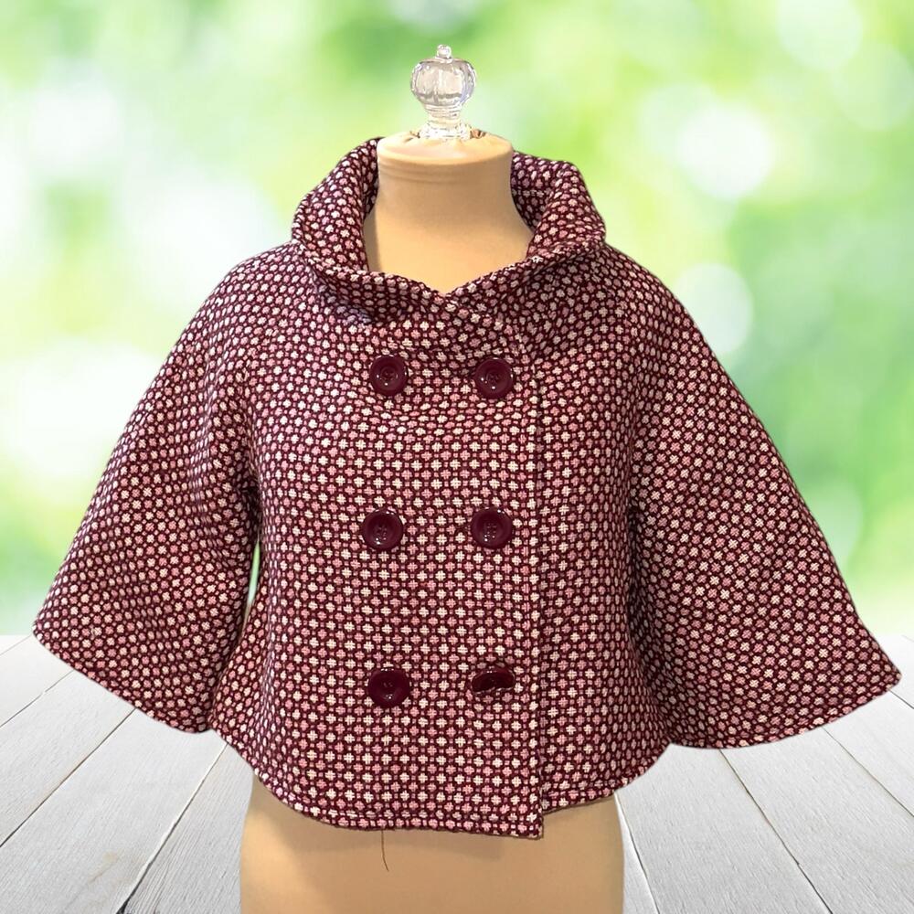 New STEVE MADDEN Cropped Pea Coat Jacket Red Tweed Bell Sleeve Retro Womens S